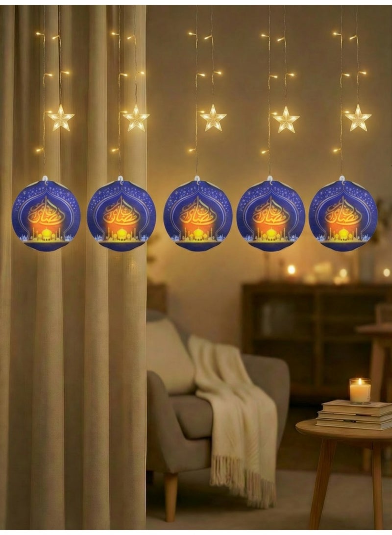 Ramadan LED Curtain Lights 2 Meter - Crescent Moon & Star Hanging String Lights for Home Decor, Windows & Prayer Corner